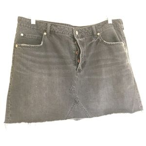 Button fly black denim mini skirt